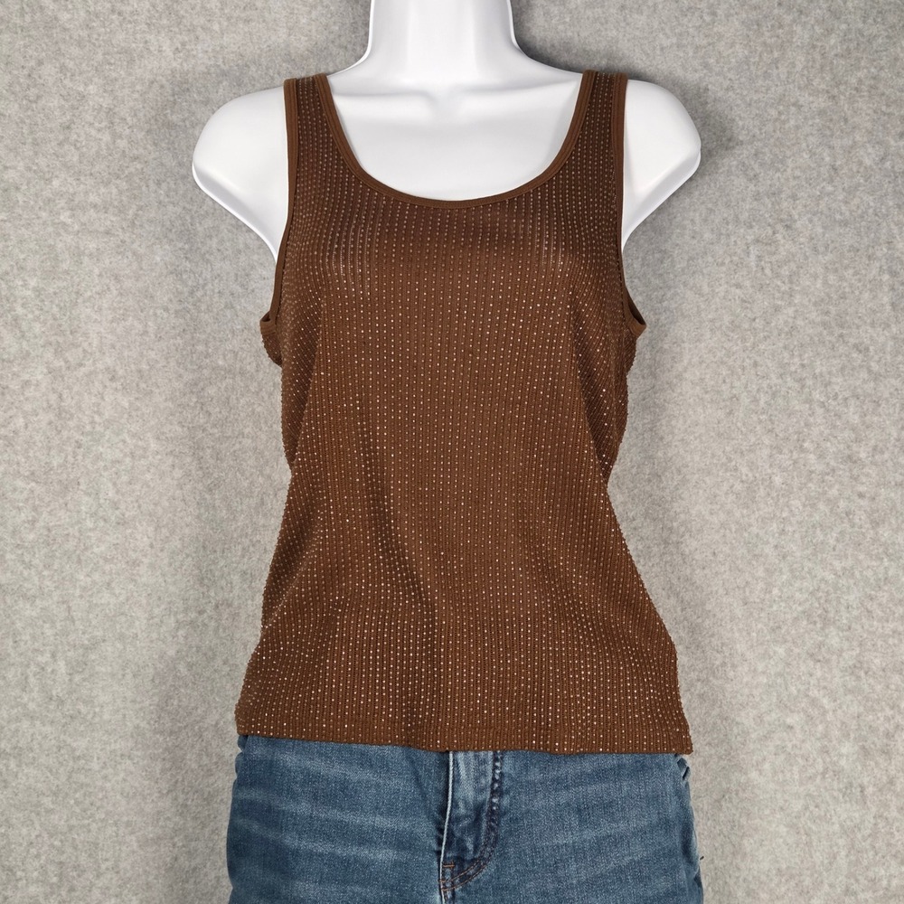 Ralph Lauren Black Label Women Large Tank Top Brown Beaded Ribbed Knit VTG 90s - Picture 2 of 9